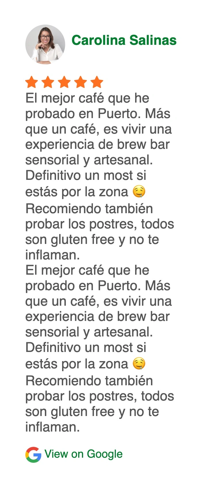 Review recommending the avocado toast and fresh juices