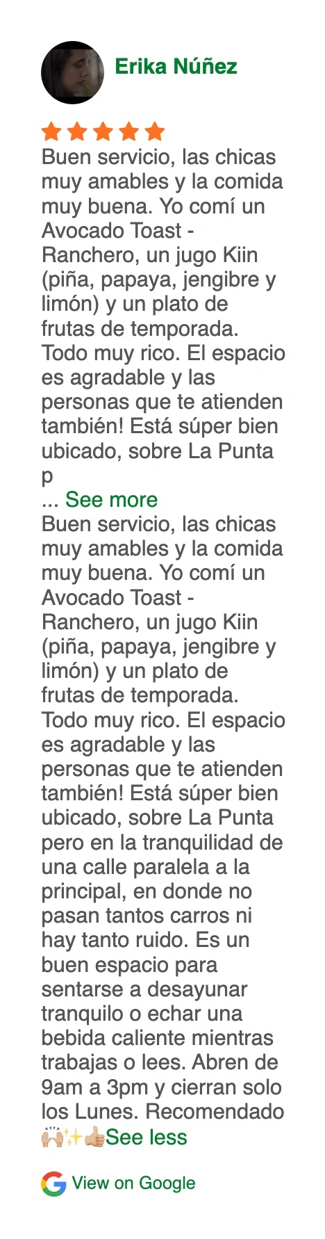 5-star review about excellent service and healthy breakfast