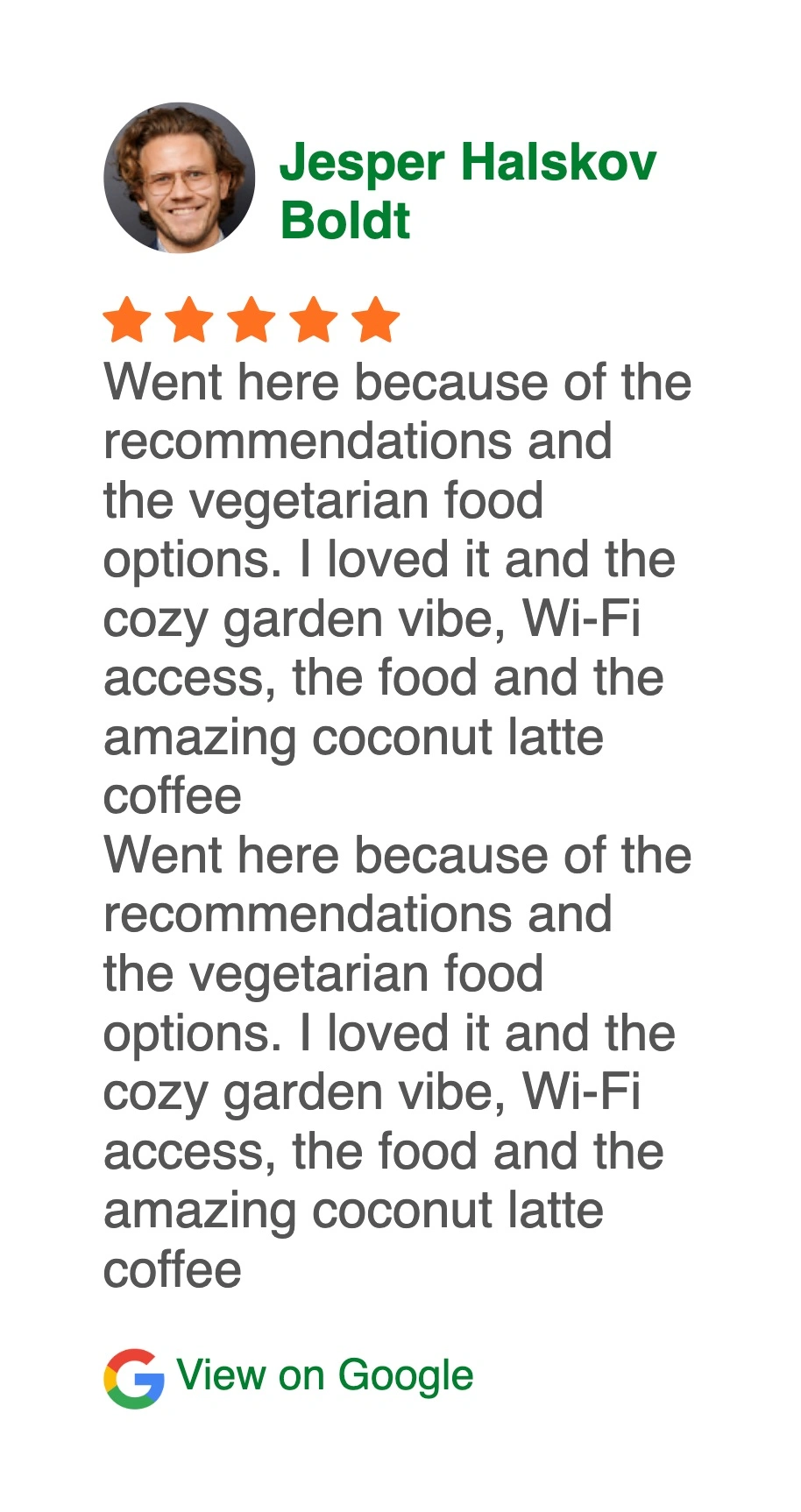 Customer review praising the vegetarian options and cozy atmosphere