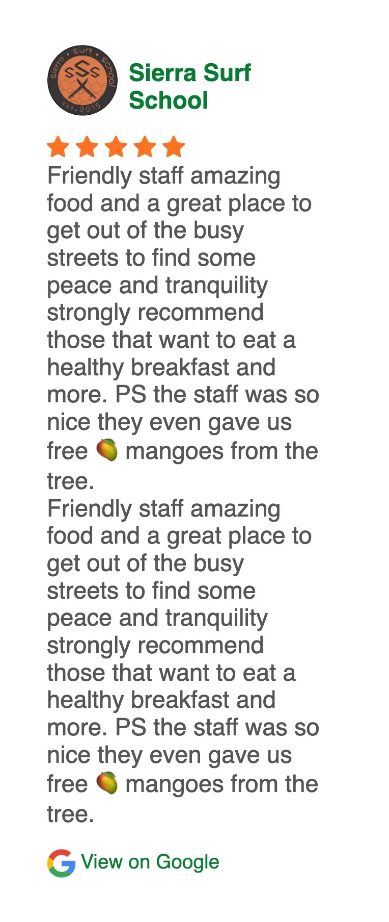 Review about friendly staff and great food